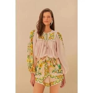 Farm Rio Pink Botanical Beauty Lenzing Ecovero Euroflax Shorts Size L Green